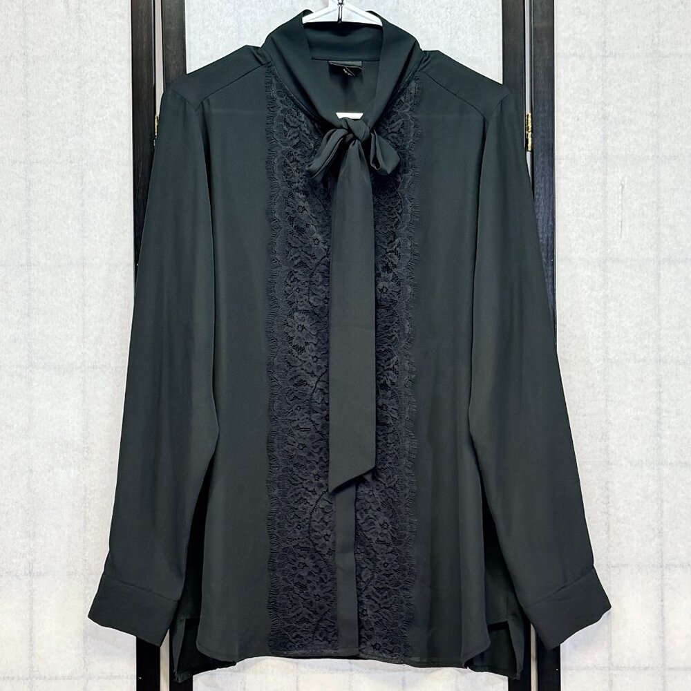 Mossimo Black Lace Front Tie Collar Blouse XL Long Sleeve Romantic Boho Chic Top